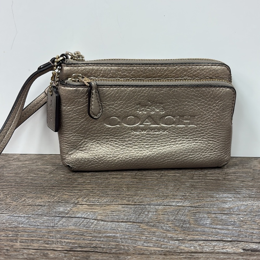 Coach Metallic Gold Double Zip Wristlet Wallet Clutch Pebbled Leather